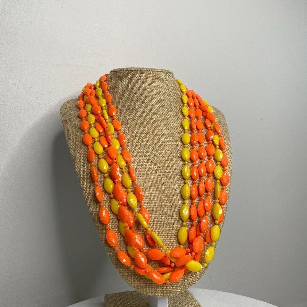 Plastic Beaded Multi Strand Orange & Yellow Necklace